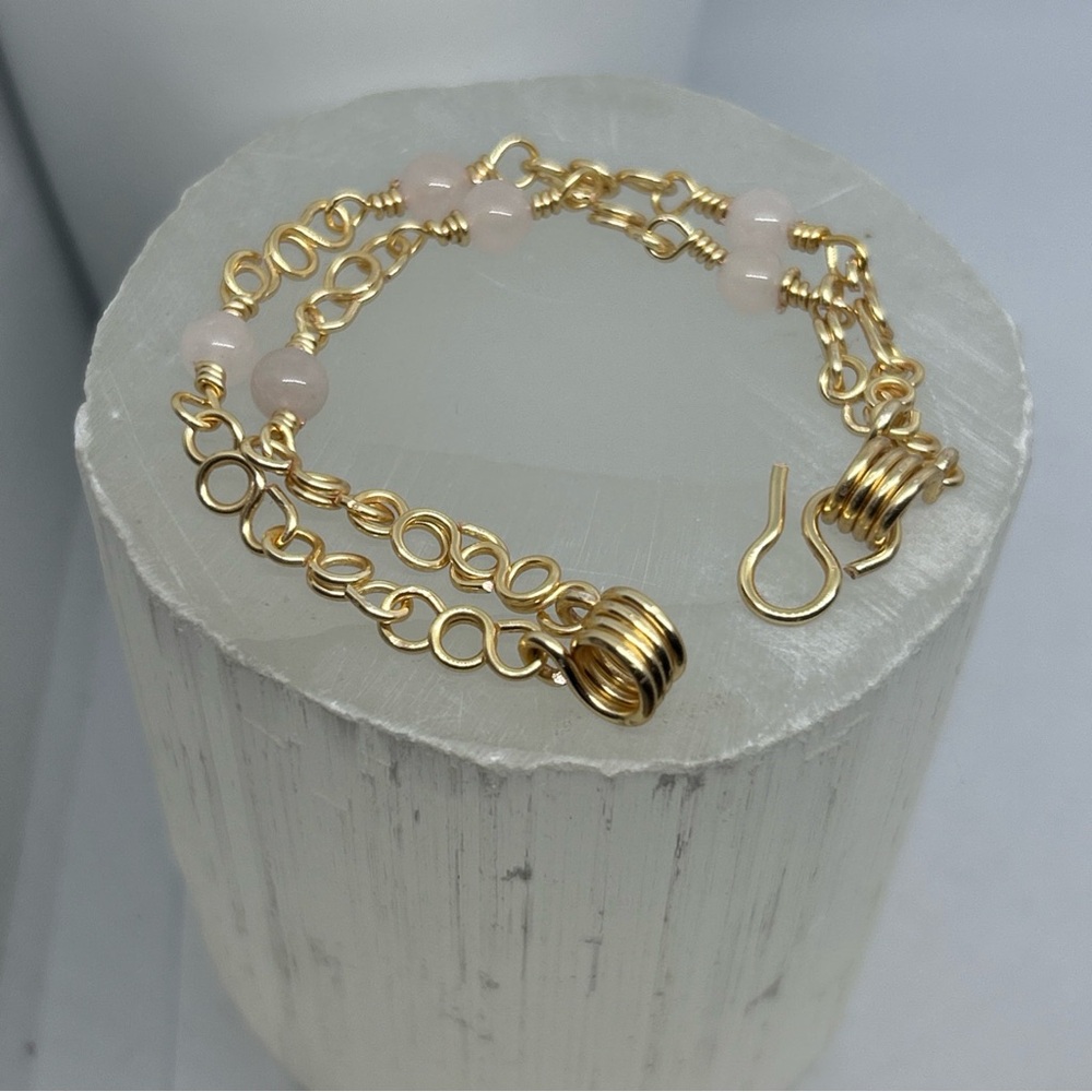 Elegant Gold link and Pink rose quartz Bracelet handmade wire wrapped 7”